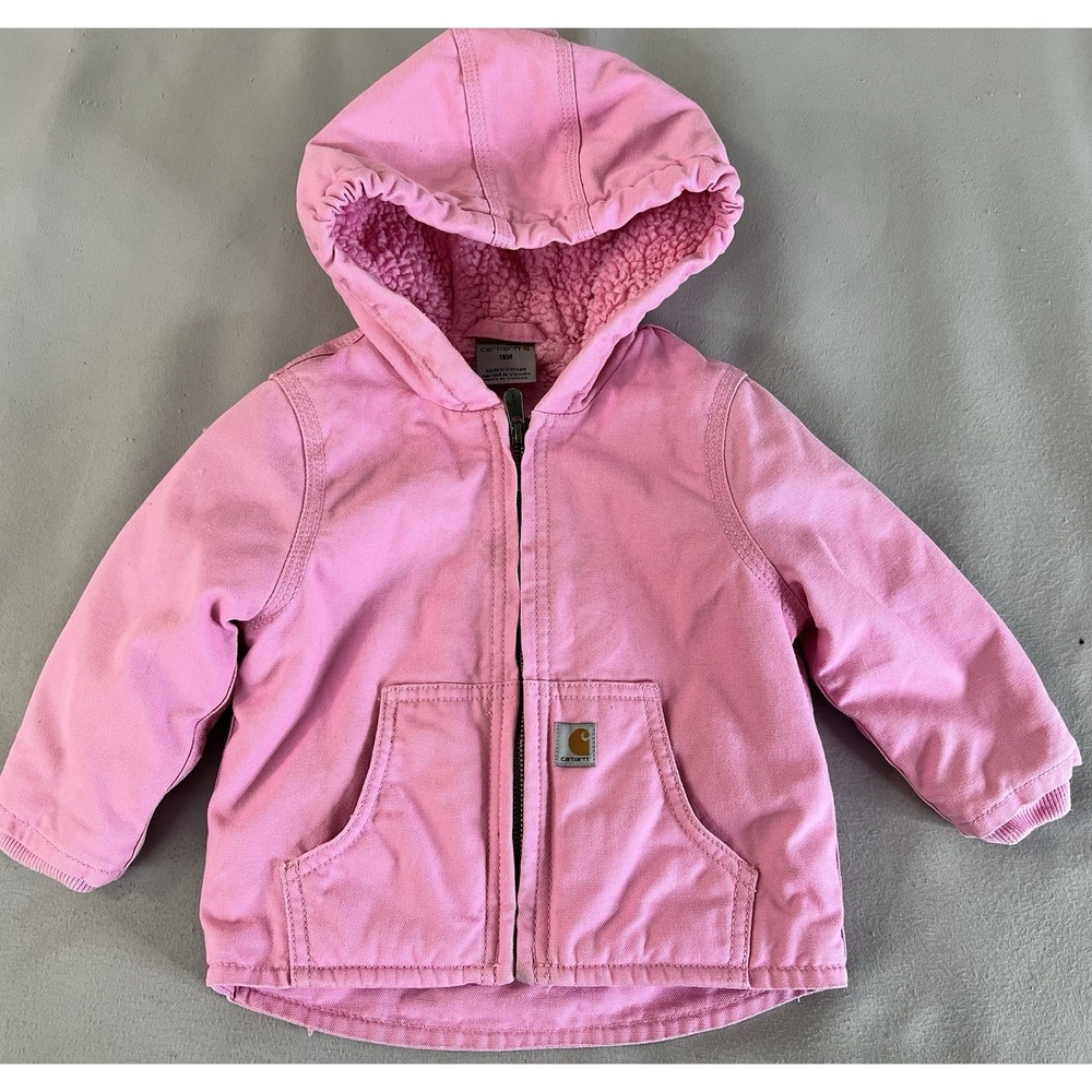 Carhartt Girls Pink Hooded Sherpa Lined Canvas Jacket Size 18 Months